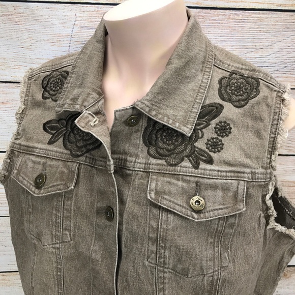 DG2 by Diane Gilman Jackets & Coats Dg2 Embroidered Denim Vest Gray